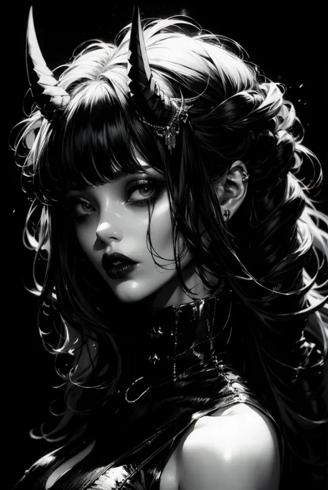 1girl, cute girl, sexy, solo, looking at viewer, monochrome, greyscale, bunt bangs, black hair, long hair, parted lips, horns, black background, portrait, cyberpunk, gothic, goth makeup, biopunk
<lora:GRIMM_v1-000015:0.6> <lora:cyber_punk_manicPanic_v3.5:0.5>