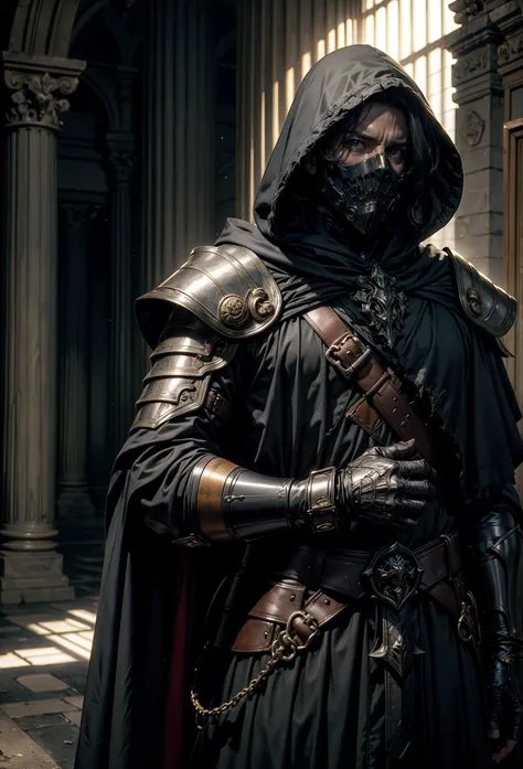 masterpiece, best quality, cinematic, dof, 1boy, weapon, male focus, indoors, hood, cape, armor, torn clothes, helmet, gauntlets, cloak, hood up, pillar, full armor, statue, arch, column, darkfantasy, lovecraftian, dark theme, (radiant light rays:1.2), (divine judgement:1.2), depth of field <lora:biomanic:0.5>