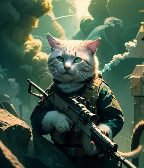 a funny photo of a cat, cinematic lighting, holding a gun, ak47, smiling, green smoke arround, 8K UHD, solo, pastel color background, (materpiece:1.3), <lyco:BetterGuns-V1:1.0>