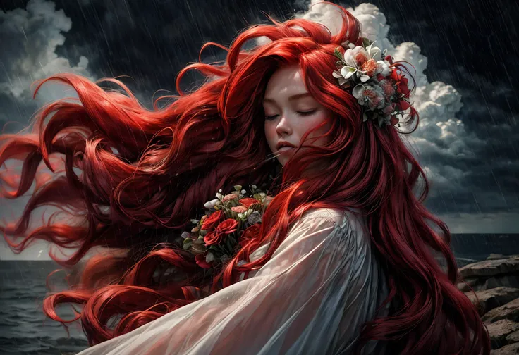 (masterpiece)+, (best quality)+, (Intricate detail)+, stormy night with lightning in the sky wind and rain, head and shoulders, (1girl)+++, (solo)+++, 20yo, (long red hair blowing in the wind)++, in a wet wedding dress, clutching a bouquet of flowers to her chest on a clifftop, her eyes are closed, lens flare, super-high res, 8k, 4k, motion blur, specular highlights, <epiCRealism>