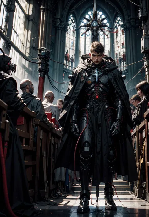 1man, short hair, black robe, robot, science fiction, android, cable, mechanical arms, unholy priest, cables, in church, dynamic, looking at viewer, dated, 90s, bladerunner, cyberpunk
<lora:biomanicog:0.7>