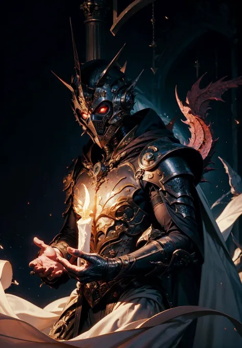 official art, unity 8k wallpaper, ultra detailed, aesthetically pleasing, High quality, masterpiece, best quality, occultism, horror, dungeon, dark church, night, boy, wearing full face mask, wearing very long white sheet, praying, masterpiece, high detailed, abyssal, splash art, highest definition, dark background, gradient background