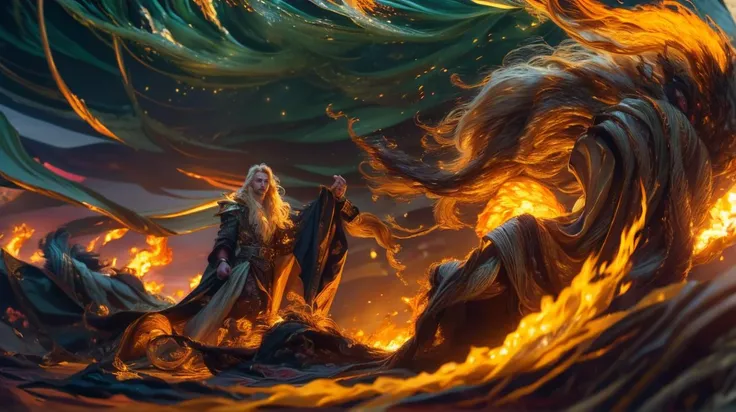 (Masterpiece:1.2),best quality,(illustration:1.2),(ultra-detailed),hyper details,<lora:popular:1>,(1boy:1.5),a handsome nordic caucasian man with extremely long flowy (platinum blonde hair:1.3) wearing dark and stylish fantasy clothing smiling looking at the camera with a very serious death stare in a forest casting a fireball magic spell out of his right hand with dynamic and powerful pose and motion,charismatic man,<lora:detail_slider_v4:1.5>,casting a fireball magic spell out of his right hand,(hair and cloth swirling in turbulent wind:1.8),fire turning into black smoke,impressive and breath taking fire magic effects,vibrant colors,<lora:gender_slider_v1:-1>,<lora:hair_length_slider_v1:2>,<lora:v2_lora_TiltUp:1>,