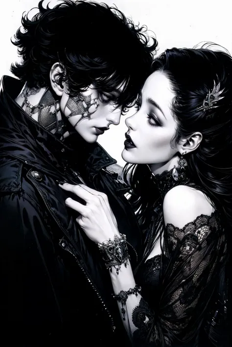 (masterpiece, top quality, best quality, official art, beautiful and aesthetic), 1girl + 1man, (a girl next to a male vampire:1), sexy, monochrome, greyscale, bunt bangs, purple eyes, black hair, long hair, parted lips, jewerly, black background, cyberpunk, gothic, romantic, vampires
<lora:GRIMM_v1-000015:0.6> <lora:cyber_punk_manicPanic_v3.5:0.5> <lora:YOSHITAKA AMANO Style:0.2>