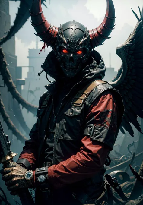 official art, unity 8k wallpaper, ultra detailed, aesthetically pleasing, High quality, masterpiece, best quality, (zentangle, mandala, tangle, entangle), archangel, anubis god, goat horns, large wings, (1male + 1girl), demi demon, (hyper detailed), (best quality), (realistic),(Beautiful), (dynamic angle), (dynamic pose), Male, tactical vest, Semi-automatic rifle, (detailed death mask), (tactical gear), with sword, survival gear, call of duty, black clothing, tall combat boots, long black coat, black skull mask, occult, (Epic),(realism), (stunning art), spot color, monotone, red, blood ,Blood fog, Splashing blood, red streaks, splash art, (dark fantasy), complicated background, empty eyes, lovecraftian, saiko takaki art, horror