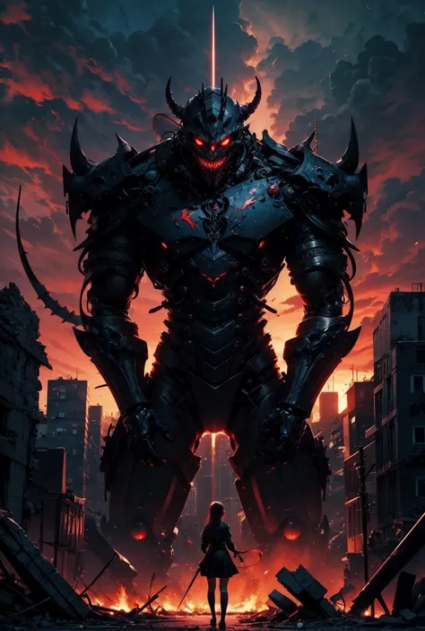 official art, unity 8k wallpaper, ultra detailed, aesthetically pleasing, High quality, masterpiece, best quality, looking above, (1girl), (school uniform), (a girl looks out to see a giant mechanical demon facing her), (in a city that has become ruins), black hair, holding sword, lycoris flower, ready for battle, fight to the death, (red, black), darkness, red sky, demon, (red, black), abyssal, complicated background,