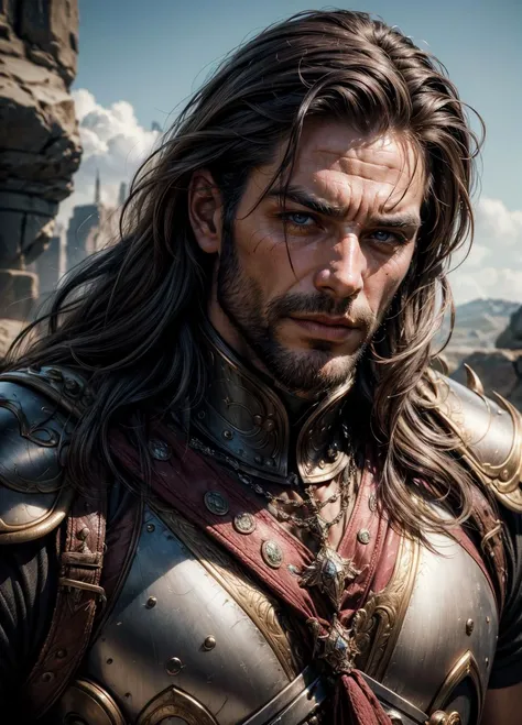 masterpiece, best quality,(epic realistic:1.5), 1man, (very handsome man), (strong chin), (detailed skin), masculine facial features, long hair, armor, fantasy