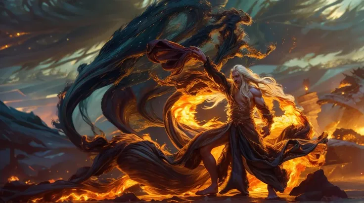 (Masterpiece:1.2),best quality,(illustration:1.2),(ultra-detailed),hyper details,<lora:popular:1>,(1boy:1.5),a handsome nordic caucasian man with extremely long flowy (platinum blonde hair:1.3) wearing dark and stylish fantasy clothing smiling looking at the camera with a very serious death stare in a forest casting a fireball magic spell out of his right hand with dynamic and powerful pose and motion,charismatic man,<lora:detail_slider_v4:1.5>,casting a fireball magic spell out of his right hand,(hair and cloth swirling in turbulent wind:1.8),fire turning into black smoke,impressive and breath taking fire magic effects,vibrant colors,<lora:gender_slider_v1:-1>,<lora:hair_length_slider_v1:2>,<lora:v2_lora_TiltUp:1>,