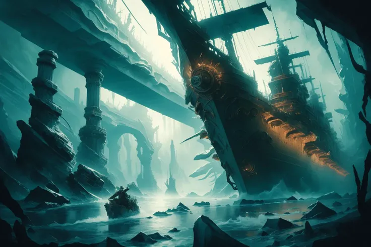 Generate a stunning [steampunk] [warhammer 40k] art style, a true [masterpiece] of art in [industrial fantasy] style. The image showcases [detailed linework], [dynamic shading], and [dramatic lighting], bringing to life a Lovecraftian [gothic] atmosphere. The scene depicts a 20th-century [steel warship] [kriegsmarine] with [low-profile bow] [heavy cruiser] [coal-powered] distinctive and imposing superstracture. It is characterized by angular bow, featuring sharp, jagged edges and aggressive protrusions, which gives the ship a sleek and powerful appearance. The bow is heavily armored with visible massive slick [funnels] with smokestacks in the center of this ship, adorned with gothic-inspired architecture, grim ornamentation, and menacing weaponry, navigating an open [frozen sea] with icebergs, chunks of [floating ice] that have broken off from a glacier. [exhausting dark smoke] from its [funnel], shrouded in [fog] and engulfed by [heavy snow:1,2]. The landscape exudes a haunting beauty that captures the viewer's imagination.
The entire scene is immersed in a thick blanket of [fog], which adds an [eerie] and [mysterious ambiance] to the setting. The only source of illumination comes from the cold glow of the [moon], casting ethereal light that accentuates the [ghostly atmosphere].
The painting expertly captures the essence of an [eldritch] and [otherworldly] environment, evoking both a sense of [fascination] and [unease]. Every stroke of the brush reveals the [intricate details] of the steamship, showcasing its elaborate gears, pipes, and intricate machinery that characterize the steampunk aesthetic.
In the distance, the dark and churning [sea] enhances the [ominous] tone of the painting. The waves crash against the ship, creating a sense of imminent danger and adding to the overall sense of dread. The artist skillfully employs a masterful use of [colors] and [shadows] to create a palpable sense of [dread] and [fascination], drawing the viewer into the scene.
As the viewer explores the image, they are compelled to delve into the [mysteries] that lie within the shadowy depths of this [eldritch setting]. The fusion of steampunk elements with Lovecraftian themes adds a unique and captivating dimension to the artwork, offering a glimpse into a world of mechanical marvels and eldritch horrors.