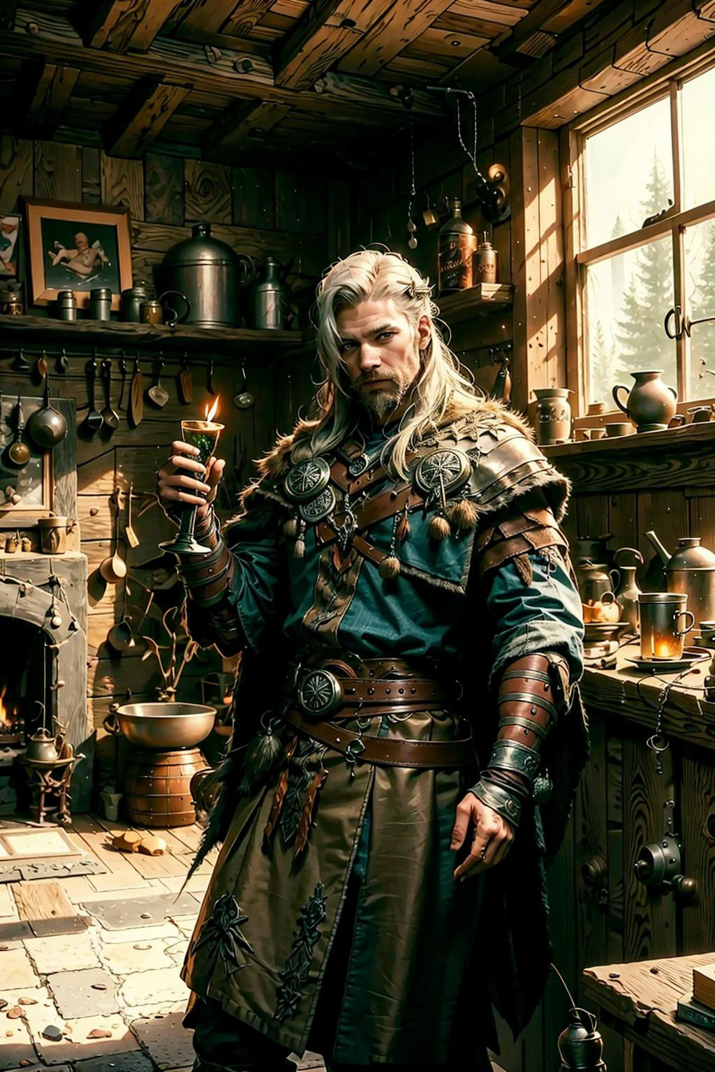 official art, unity 8k wallpaper, ultra detailed, beautiful and aesthetic, High quality, beautiful, masterpiece, best quality, (zentangle, mandala, tangle, entangle:0.6),
(1man, old jewish male:1.2), wise, pink eyes, white hair, mustache,
portrait, solo, half shot, looking at viewer, detailed background, detailed face, (<lora:style_vikingpunkai_v10:0.6>, vikingpunkai, norse viking theme:1.1) smirk, server, simple blue clothes, rustic bar interior in background, rust, wall-decorations, hearth, goblet, candlesticks, fantasy atmosphere,