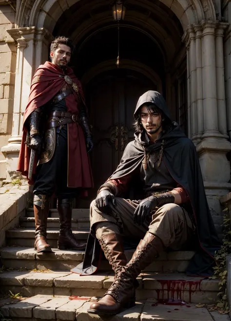 short hair, black hair, gloves, sitting, weapon, male focus, boots, multiple boys, sword, hood, 2boys, cape, blood, facial hair, brown footwear, sheath, cloak, sheathed, stairs