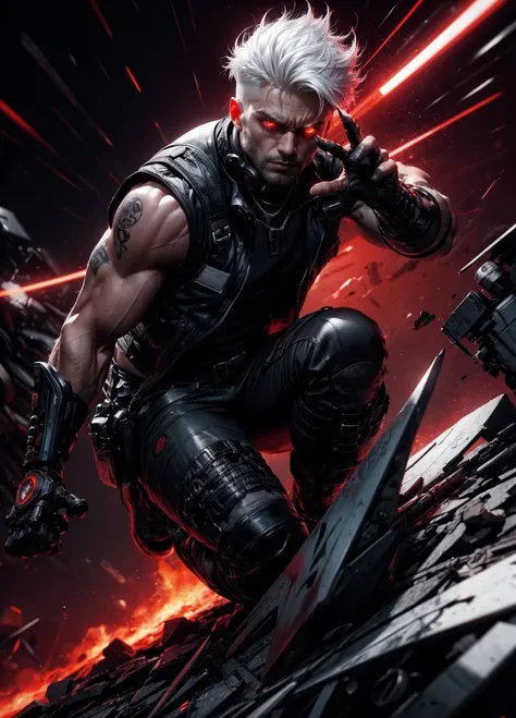 1man, (handsome man), (strong chin), manly, vest, techwear, hypebeast, cyberpunk, red background, glowing red eyes, ((white hair)), ((evil look)), (dynamic pose:1.5), epic, (look at viewer), ((complicated background)), cyber punk city, photorealistic, badass
