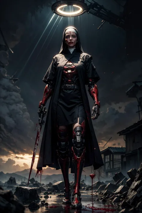 (futuristic:1.0), (horror:1.3), BREAK,
(bleak atmosphere:1.2), (dark:1.2), (night time:1.2), (full body:1.0), BREAK,
(1girl:1.2), (nun:1.2),  (mechanical legs:1.2),  (mechanical neck:1.2), (wounded:1.2), (blood:1.4), (glowing eyes:1.2), (torn clothes:1.0), BREAK,
(radiant light rays:1.2), (halo:1.2), (divine judgement:1.2), BREAK,
(4k:1.2), (extreme resolution:1.2), (highly intricate:1.2), (studio quality:1.2), (extremely detailed:1.2), (beautiful and aesthetic:1.4)