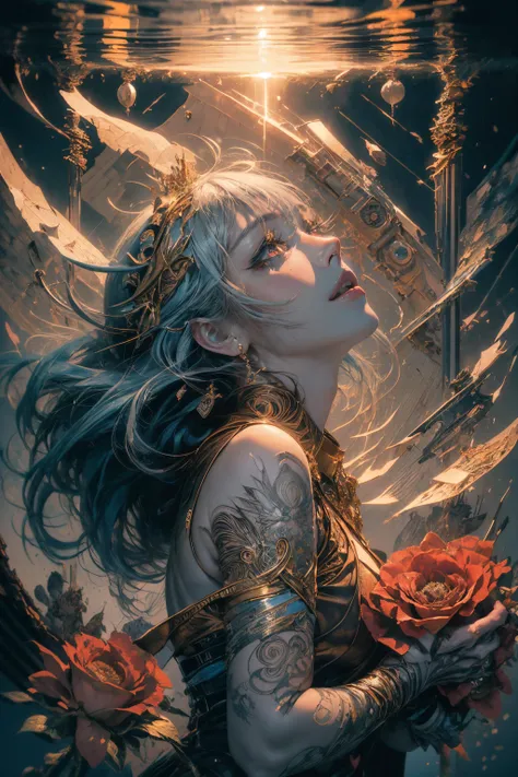 1girl,light blue hair,long hair,red eyes,expressionless,dullyarts,flower field,gorgeous costume,kingly,holding roses,concept art,colorful palette,fallen-leaves,fine art parody,(photorealistic),(abstract background, zentangle, fractal art:1.3),official art,unity 8k wallpaper,ultra detailed,beautiful and aesthetic,masterpiece,best quality,(dynamic angle),(dynamic pose),glowing skin,(floating colorful sparkles:1) the most beautiful form of chaos,elegant,a brutalist designed,vivid colours,romanticism,classic<lora:classic_pen:0.4><lora:add_detail:0.5>,<lora:beautifulDetailedEyes_v10:0.5>,<lora:Asian girls faceV2:0.5:FACE>,