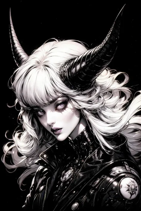 1girl, cute girl, sexy, solo, looking at viewer, monochrome, greyscale, bunt bangs, purple eyes, white hair, long hair, parted lips, horns, black background, portrait, cyberpunk, gothic, biopunk, dated, retro art, romantic,
<lora:GRIMM_v1-000015:0.6> <lora:cyber_punk_manicPanic_v3.5:0.5> <lora:YOSHITAKA AMANO Style:0.3>