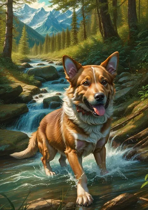 forest, river, mountains, ((closeup a dog)), beautiful natural landscape, art by Tony Sart and artgerm and randy vargas, karl kopinski