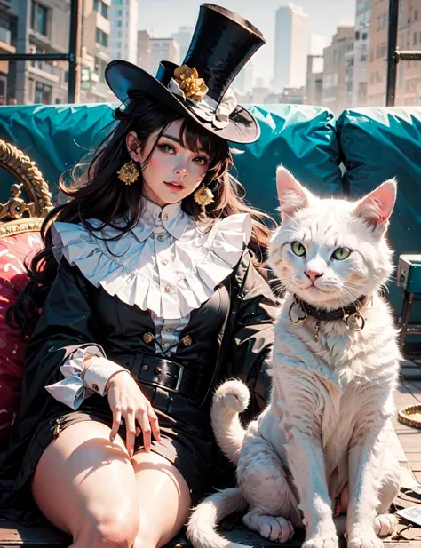 a cute fluffy white cat wearing a top hat
