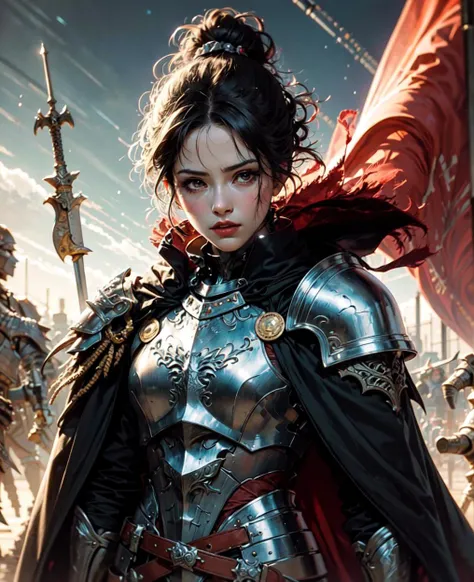 serious look pressed lips, (black updo:1.2), (black steel armor:1.1) and robes (cape:1.2) royalty ornate (embroidery:0.5) with sword, skinny (Gorget Plackart pauldron :1.3), (masterpiece:1.2) (illustration:1.1) (best quality:1.2) (detailed) (intricate) (8k) (HDR) (wallpaper) (cinematic lighting) (sharp focus)