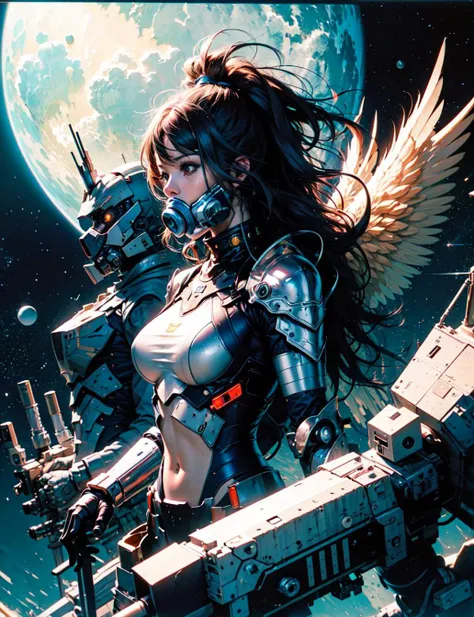 woman, high-tech mecha armor, metal wings, angular armor plates, large breasts, respirator, laser cannon, floating in space,