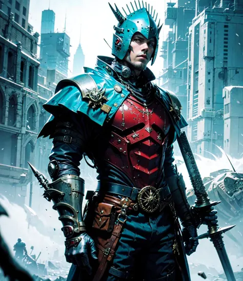 a badass looking man with a sword near a dark castle, epic, dynamic, cool as fuck, fantasy, warhammer