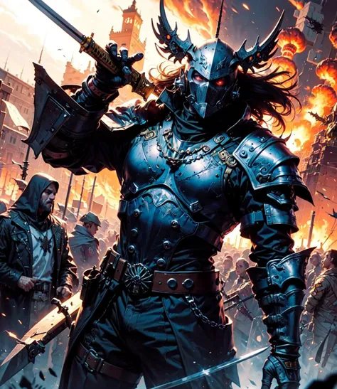 a badass looking man with a sword near a dark castle, epic, dynamic, cool as fuck, fantasy, warhammer