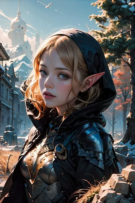 best quality , masterpiece, close up portrait, 1girl, elven armor, dark cloak hood over head, outdoors, nature, wilderness, look at viewer