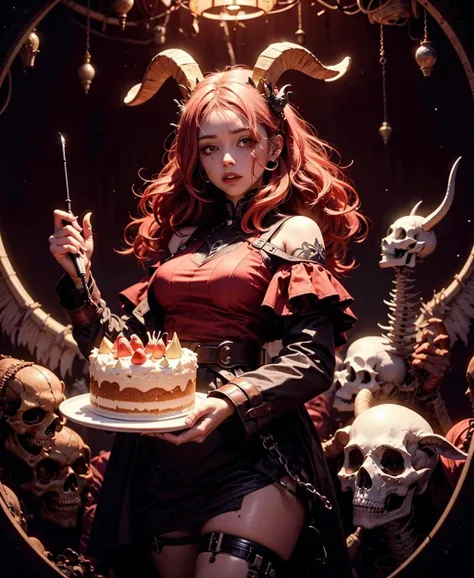 official art, unity 8k wallpaper, ultra detailed, beautiful and aesthetic, High quality, beautiful, masterpiece, best quality, (zentangle, mandala, tangle, entangle:0.6), low contrast, a cute girl serving cake to demons, pink, bright pastel colors, kawaii, (horror), eerie, rabbit skull, goat skull, in hell, creepy, demons, claws, best lighting