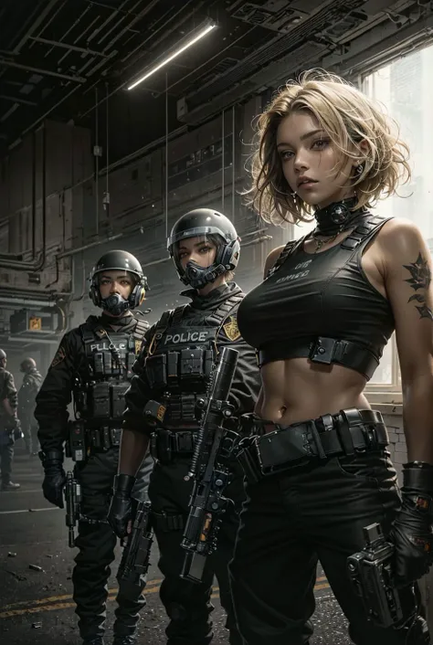 (masterpiece, best quality),1girl ,with Blonde hair,A-line haircut,body, Arms crossed behind the back pose, LED panel lights arranged in square formation to mimic existing indoor fixtures,A dystopian ghetto controlled by local gangs armed with hacked police weapons like EMP blasters and Taser shotguns <lora:epiNoiseoffset_v3:3>