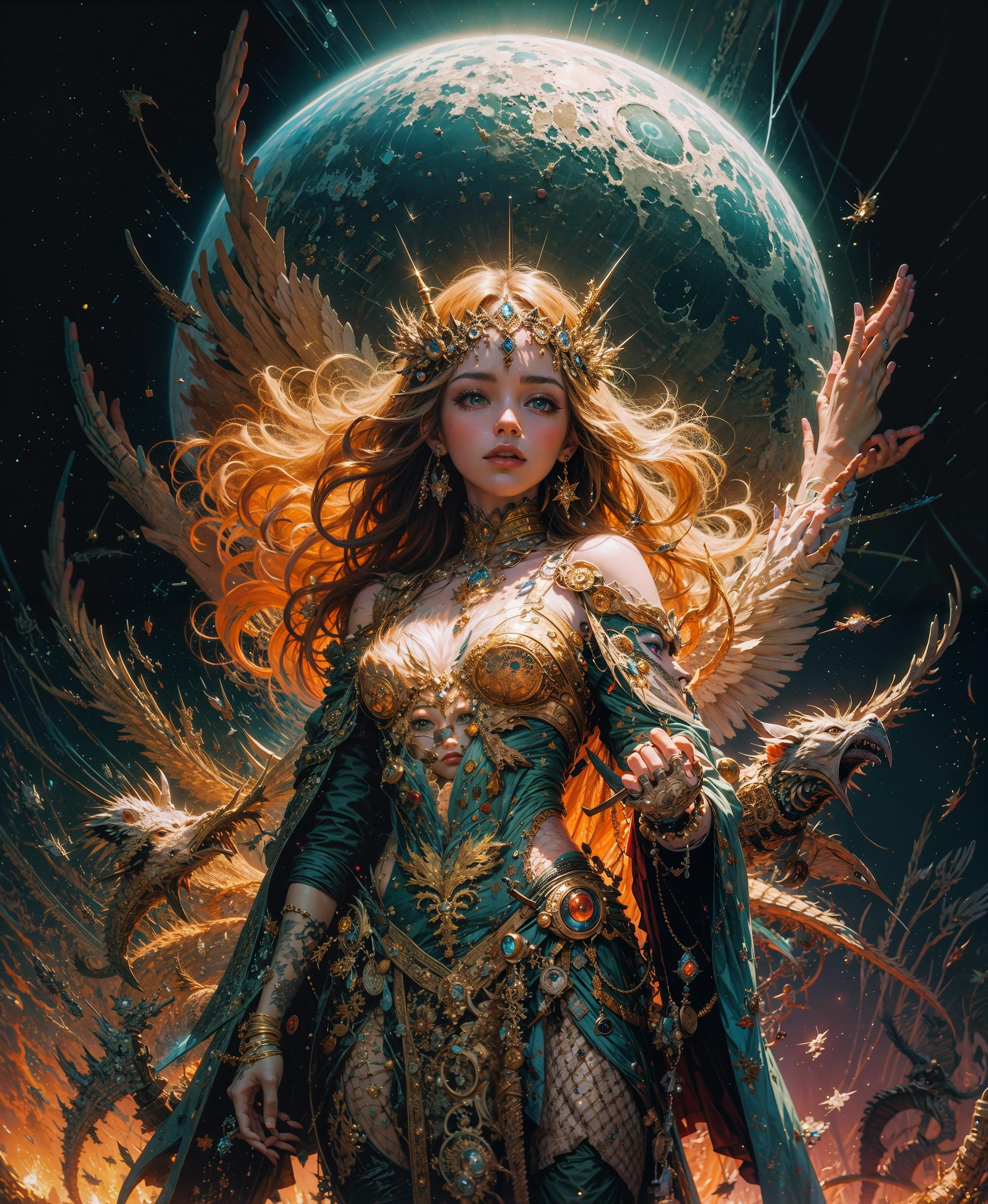 A woman in a green dress with a golden crown and wings - SeaArt AI