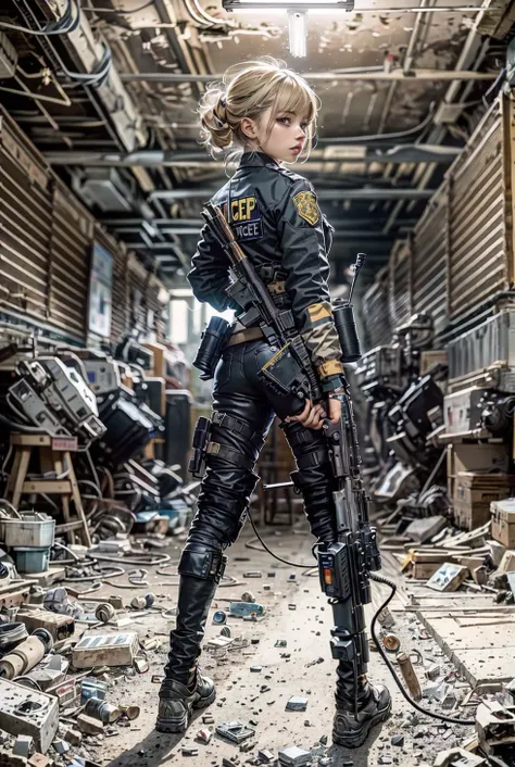 (masterpiece, best quality),1girl ,with Blonde hair,A-line haircut,body, Arms crossed behind the back pose, LED panel lights arranged in square formation to mimic existing indoor fixtures,A dystopian ghetto controlled by local gangs armed with hacked police weapons like EMP blasters and Taser shotguns <lora:epiNoiseoffset_v3:3>