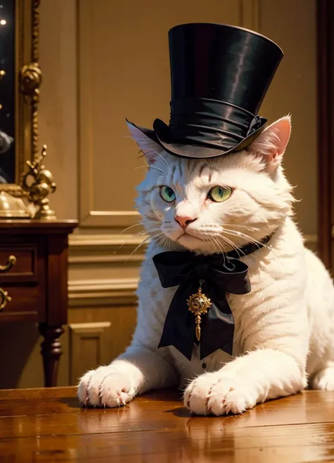 a white fluffy cat, with a top hat, in a room chilling like a villian