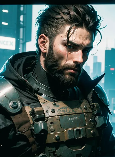 cyberpunk film, raw photo of man with beard, 3/4, soldier, armor, tough guy, chiselled jaw, gigachad, close up, half face, deep night, dark room, hight quaility, detailed skin, clear face, detailed hair, cinema shot, hdr, sharp focus