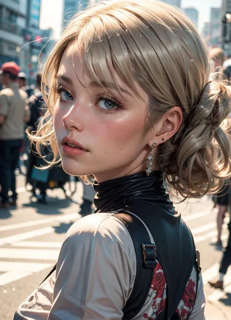 woman(shinny skin,beautifuldetails,bestquality,realistic:1.3),backshot chocolate, Rose,silver blond(hair:1.3)