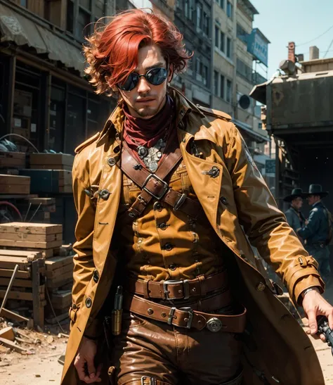 1boy, cowboy, trench coat, goggles:1.5, steampunk, holding pistol, wild west, 1800s, red hair, handsome man, 4K, masterpiece, photorealistic, (ultra detailed), light particles