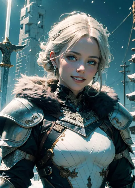 (((masterpiece, best quality, illustration, extremely detailed, 8k, 4k, 2k))), ((extremely detailed eyes)), (high res), (1girl), (intricate), ((((full black armor)))), ((fur trim)), ((black cape)), (skull on armor), (standing), ((planted sword)), (elsa hairstyle), ((both hand on sword)), (pale skin), (white hair), (blue eyes), (head tilt), (grin), ((upper body), (portrait), (snowstorm),