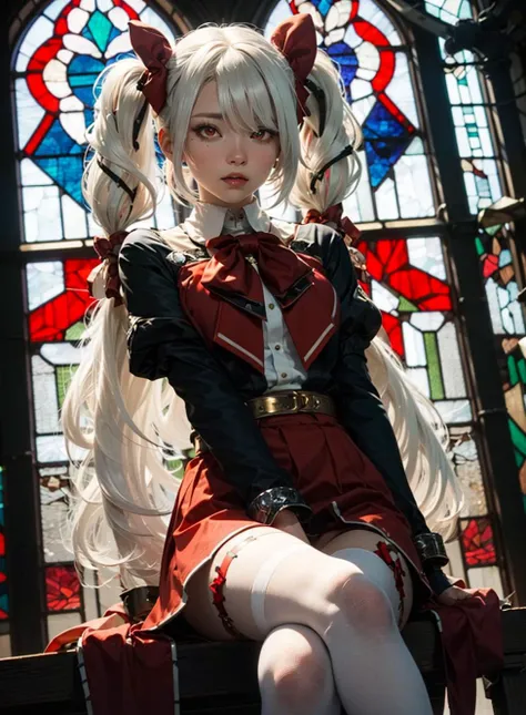 1 girl, ((( white hair, red eyes, red bow, twintails, very long hair, ))) staring into the distance, (((stained glass))),zettai ryouiki, night, looking at viewer, crossed legs, (( from below, ))