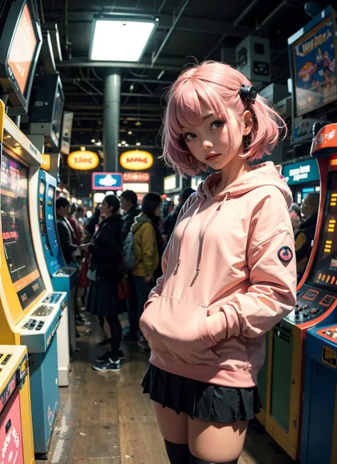 1girl, pink hair, kawaii, arcade, (fisheye lens), hoodie, skirt, stockings, arcade scenery, (hands inside hoodie pocket)