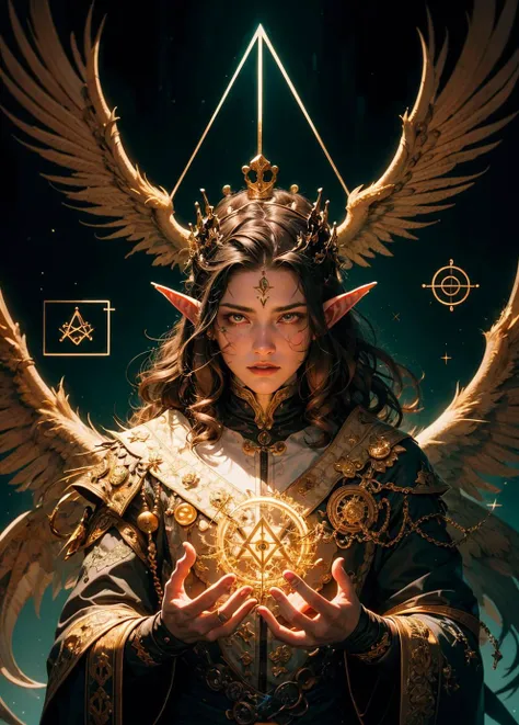 (Masterpiece:1), (zentangle, mandala, tangle, entangle:0.6), realistic, ((cinematic lighting)), official art, unity 8k wallpaper, ultra detailed, beautiful and aesthetic, High quality, beautiful, best quality, ((occult symbols)), esoteric, holy divination, fractal patterns, brown haired boy with elf ears and modern attire he had a black thorny crown and black feathered wings and a fluffy demon tail and golden eyes
