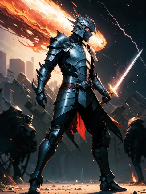 white scales,full body black armor,((head armor)),red eye,Midjourney, fine art parody, Show from the hips to the shoulders, from_side, Fighting stance, light blush, guy,man,male, sword, black Clothes, burning palace, lightning effect, night, speed lines, absurdres,