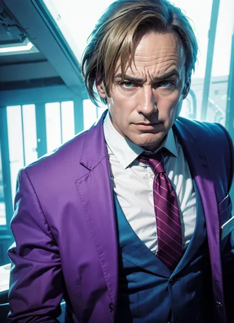 Saul Goodman, better call saul, bright purple colored suit, late 40s, attorney, looking at viewer, high contrast