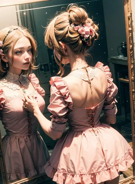 1girl, sidelighting, light particles, wallpaper, pink_dress, upper body, (((from above))), (pink_eyes), ((far away_angle)), masterpiece, high quality, frilled dress, ***(((looking at the mirror)))***, from behind, holding clothes, mirror,