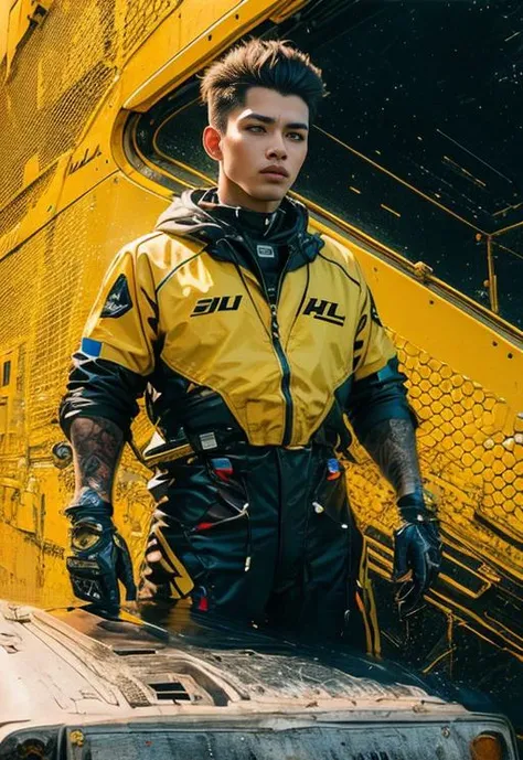 masterpiece, top quality, best quality, official art, beautiful and aesthetic,realistic,
delivery driver, standing next to DHL spaceship, in yellow-black futuristic uniform, with DHL Logo,
extremely detailed,colorful,highest detailed, (dynamic pose), shiny skin, zentangle, flowers, abstract background