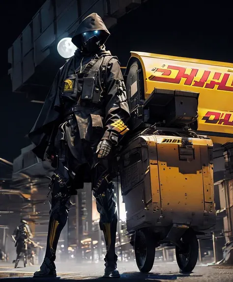 (full body, (dynamic pose), action pose), <the subject is a (delivery-robot:1.1) for (DHL:1.5), humanoid, wearing a mask with red glowing eyes. it has "Express" in large red letters written across his body. The subject wears a bright yellow flowing torn thick cloth cloak and has dark yellow and red metallic armor. Subjects is carrying a futuristic package, featuring hard surface designs in their gear>,
<the scene is an advanced civilization, with towering structures in the background, immersed in the beautiful lights, the cityscape is a fully detailed environment, (rim lighting, studio lighting, distant moon light, night, bloom), (cinematic, best quality, masterpiece, ultra HD textures, highly detailed, hyper realistic, intricate detail, 8k, photorealistic, concept art, matte painting, autodesk maya, vray render, ray tracing, hdr), (dslr, full frame, 16mm focal length, f/8 aperture, dynamic perspective, dynamic angle, golden ratio, wide photography, wide field of view, deep depth of field, zoom out)
<lora:urbansamurai_v0.3:0.8>, <lora:Futuristicbot4:0.5>, <lora:TechProductDesign(Tech):0.6>