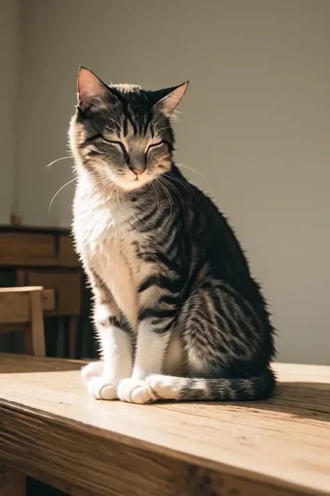 (masterpiece),(best quality), cat is sleeping on the wooden table, rule of thirds,still life,real life,white background, <lora:simple_background_v2:0.8>