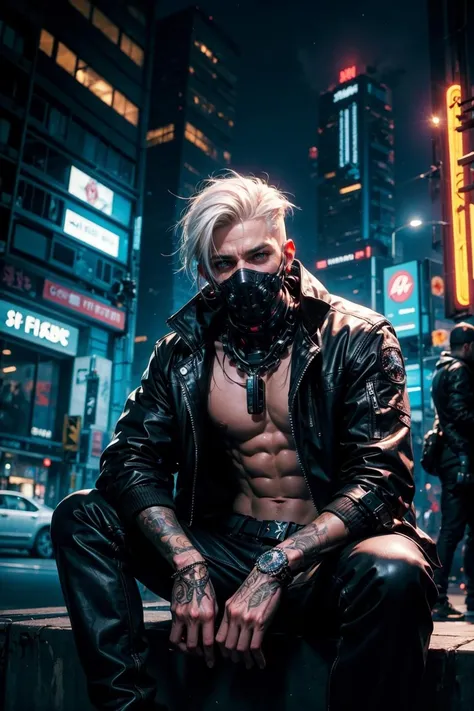 "dark theme :: closeup face focus, ultra realistic futuristic cyberpunk muscular male white hair sitting :: cyberpunk face (cyber eyes) :: cool cybernetic punk jacket red neon eyes :: shirtless:: mechanical intricate mask :: natural lighting :: bokeh :: 8k :: best quality :: masterpiece :: futuristic cityscape background"