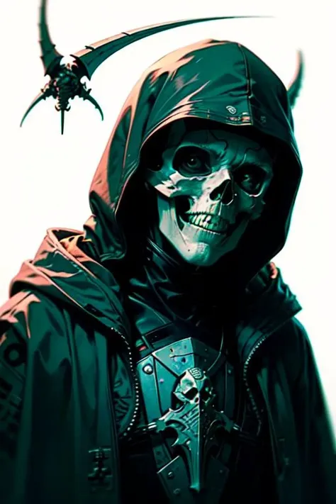 ((masterpiece, best quality, close-up)) , skull, skeleton, solo, 1 boy, male focus, looking at you, fire, robe, hood up, upper body, author names, black background, cape, skull face, skull tattoo on facezdeath, soul, soul reaper, holding syth, syth welder