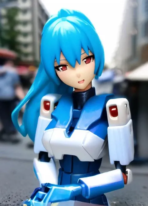 (plasticmodel:1.1) 1girl, solo focus, blue hair, blushing, close-up, detailed face, upper body, mecha_musume, mechanical arms, standing on the sidewalk in the city, (crowd in background), detailed background, depth of field, bokeh, photo background