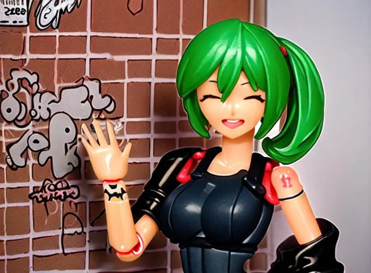 (plasticmodel:1.3) 1girl, solo, (upper body), against_wall, arm_tattoo,  bathroom, breasts, brick, brick_wall, closed_eyes, facing_viewer, graffiti, green_hair, tank top, medium_breasts, open_jacket, open_mouth, short_hair, smile, solo, waving