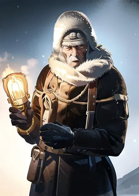 elderly man, torch in hand, winter jacket, fur coat, winter, cold, fear  <lora:frostpunk:0.8>, frostpunk