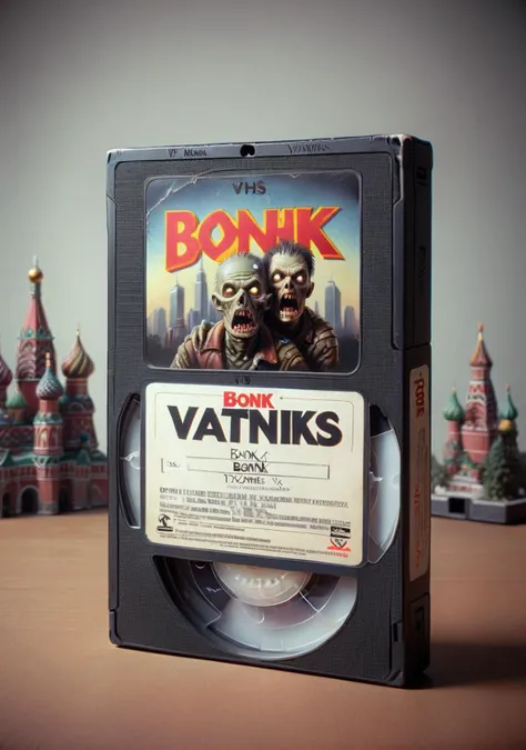VHS tape, text logo "Bonk Vatniks":1.5 , zombies, moscow skyline <lora:VHS_package-000028:0.7>